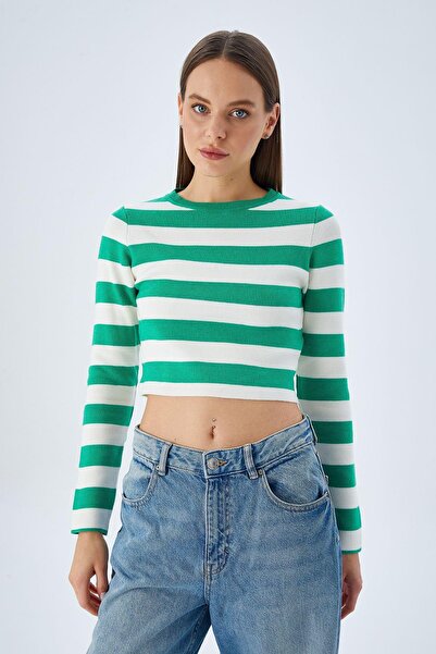 Mixray 6644 Women's Crew Neck Striped Sweater Green