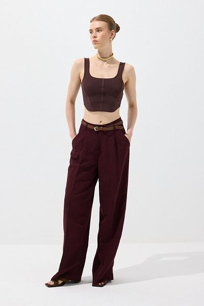 KUAD Burgundy Belted Linen Trousers
