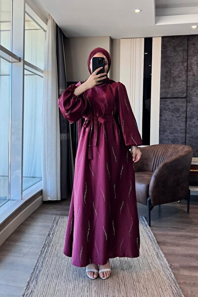 dubai showroom Üzeri Taş Detay Saten Elbise Bordo