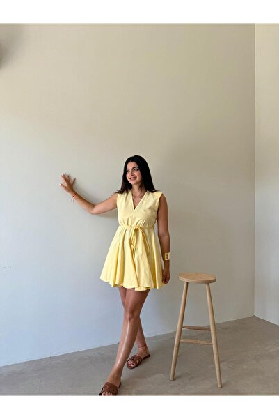Bade Butik Rochie galbenă din pernițe pentru umeri piese cu decolteu în V