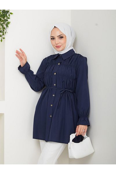 HARMAN BUTİK Women's Buttoned Navy Blue Shirt with Lace Detail