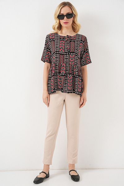 Bigdart Women's Patterned Short Sleeve Blouse 969 - Black