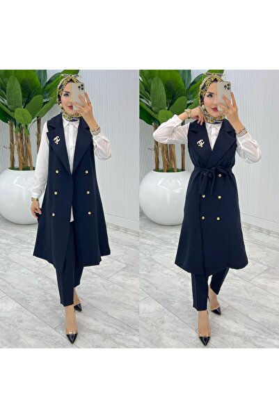 MB MODABERARDİ Duble Krep Kumaştan Düğmeli Yelek ve Pantolonlu Kadın İkili Takım