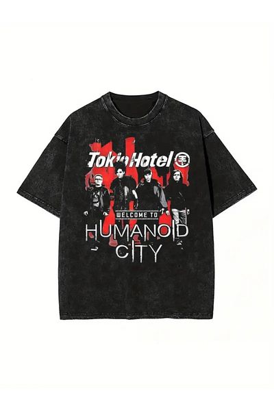 Touz Moda Τόκιο Χοτέλ Εντυπωμένη Πλυμμένη Βιντάζ Ασύμμετρη Unisex T-Shirt