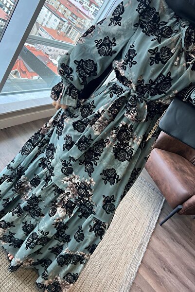 dubai showroom Çiçek Desenli Elbise Yeşil