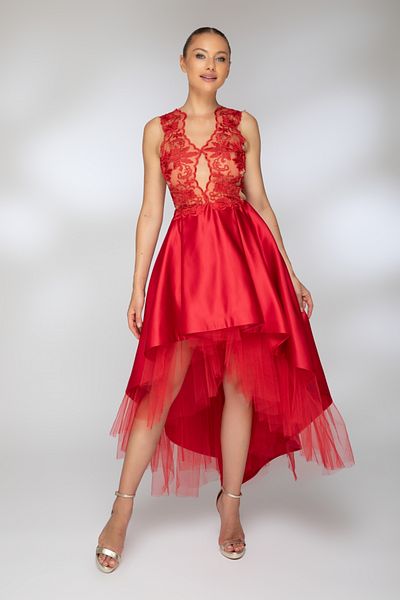 Atmosphere Fashion Asymmetrical red dress with train and lace