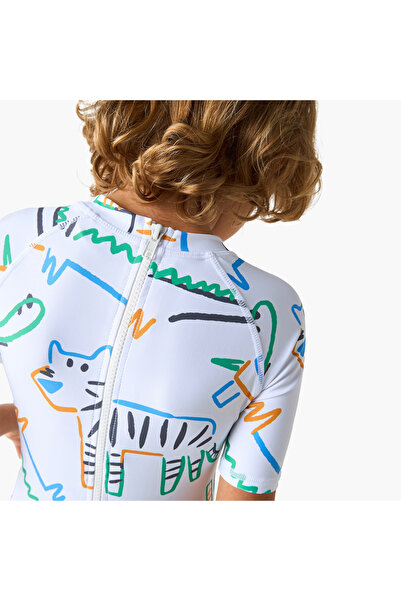 Juniors Printed Swimsuit with Short Sleeves and Zip Closure