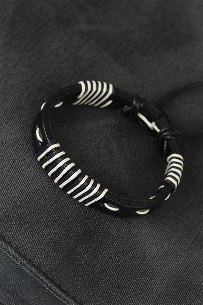 Celira Black Leather Men's Bracelet with White String