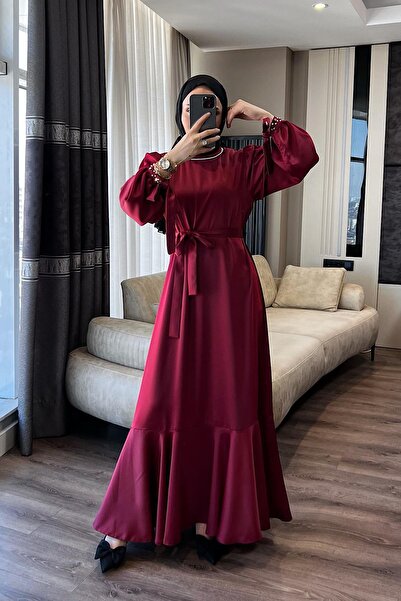dubai showroom Yakası Ve Kolu Taşlı Saten Elbise Bordo