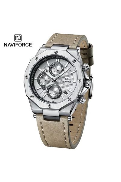 Naviforce Mens Chronograph Watch White Dial Silver Bezel Leather Strap Water Resistant