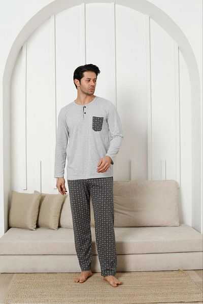 FENZO Men's Plaid Pocket Long Sleeve Pajama Set