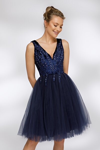 Atmosphere Fashion Rochie baby-doll bleumarin cu bust din catifea și cristale