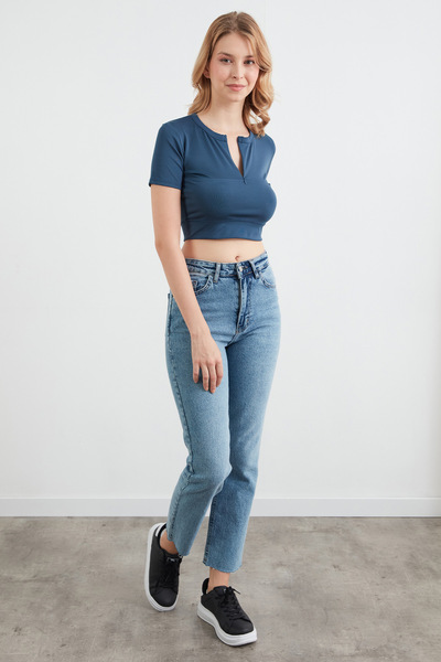 Fulla Moda Basic Half Zipper Diver Fabric Crop T-Shirt