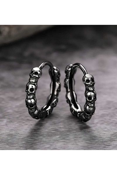 sarıyer silver Skull Model Minimal Stylish Gothic Design Black Color Steel Hoop Earrings Suitable for Daily Use