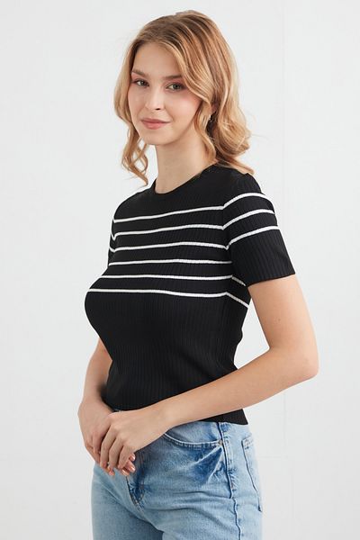 Fulla Moda Μπλούζα πλεκτή με ριγέ κορδόνι με λαιμόκοψη