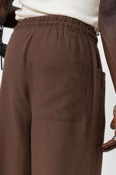 VAMOSCLO Yan Cepli Baggy Keten Pantolon Kahve