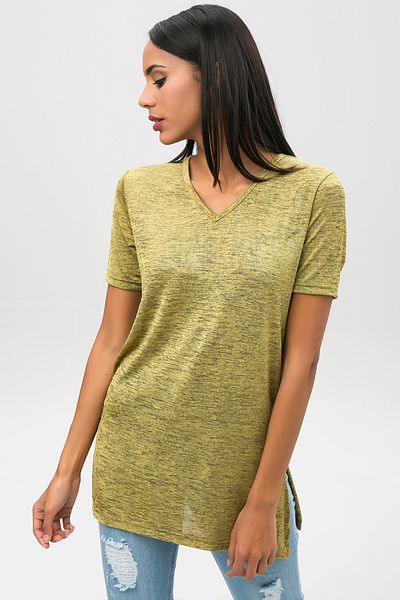 NEW LAVİVA Women's V-Neck Crumpled Basic Slit T-Shirt