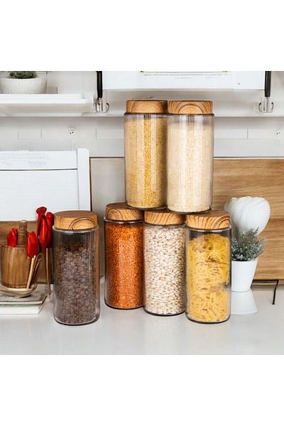 emdeco 6-Piece Jumbo Size Glass Striped Crystal Food Jar Storage Container with Lid 1500 ml