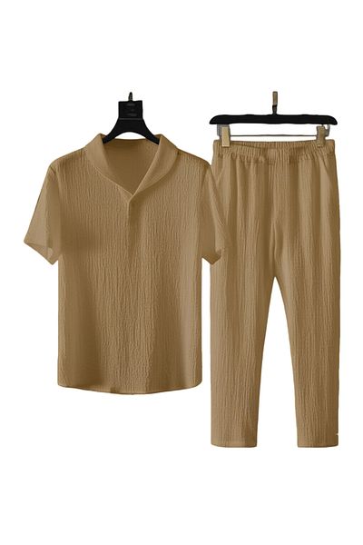 SeusCraft Bürümcük Crinkle T-Shirt Pants Set - Beige Regular Baby Collar