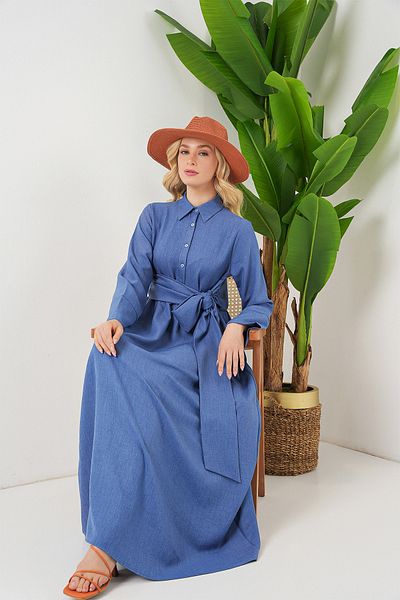 Bigdart Women's Tie-Front Linen Dress 2574 - Indigo