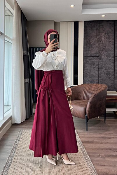 dubai showroom Yandan Bağlamalı Keten Etek Bordo