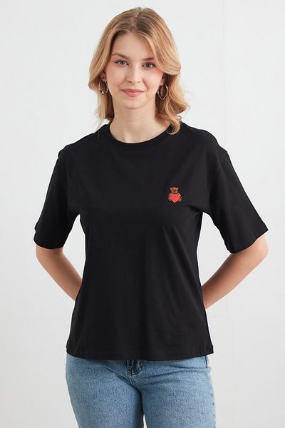 Fulla Moda Teddy Bear Embroidered Crew Neck T-Shirt