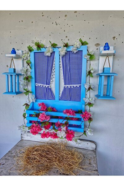 Home Açık mavi, ahşap pencere ve fener set,balkon duvar dekoru