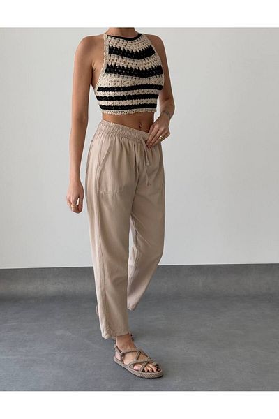 owwon Women’s Beige High-Waisted Elastic Waist Balloon Model Linen Pants