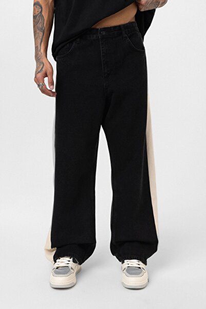 VAMOSCLO Yan Şeritli Baggy Fit Jean Siyah