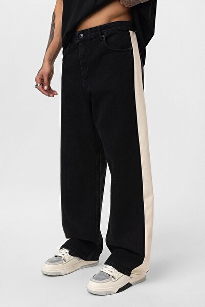 VAMOSCLO Yan Şeritli Baggy Fit Jean Siyah