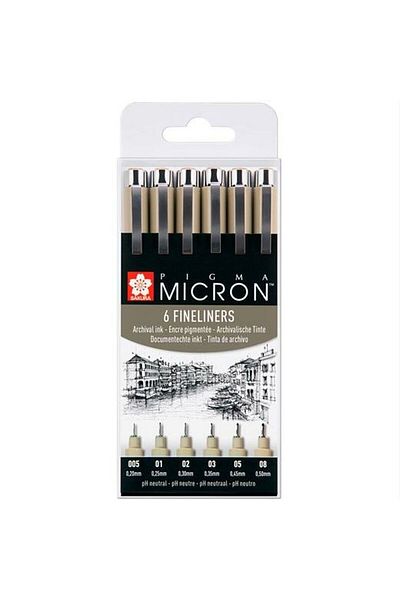 Sakura Pigma Micron Fine Marker Set, 6 Pieces, Black