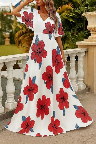 Viyamo New Season Women's Short Sleeve V Neck Patterned Stylish Long Dress