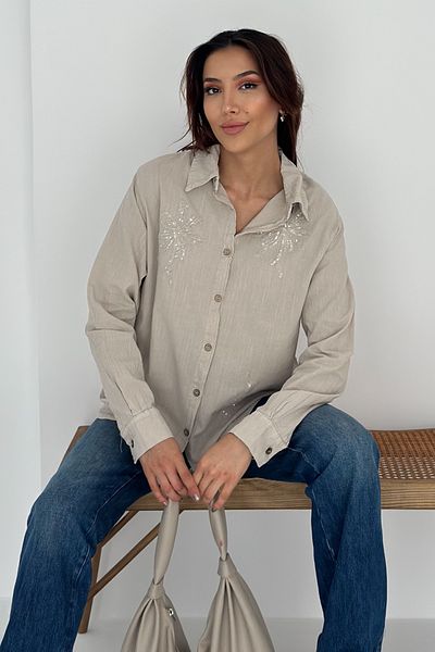 FEMELLE Women's Beige Sequin and Embroidery Embroidered Linen Shirt