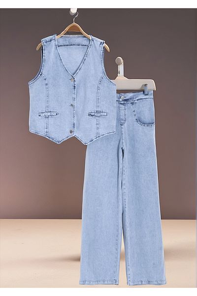 Jannock Girls' Vest Double Jeans Suit Denim Fabric Relaxed Fit