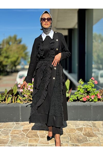 MissWhence Embroidery and Silk Ruffle Detailed Crushed Felt Black Overcoat 36500