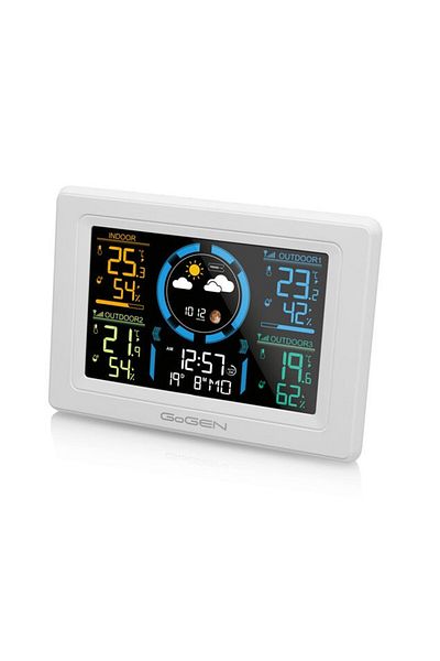 Gogen ME 3397 W indoor-outdoor weather station, color LCD, 3 sensors included, alarm clock, white