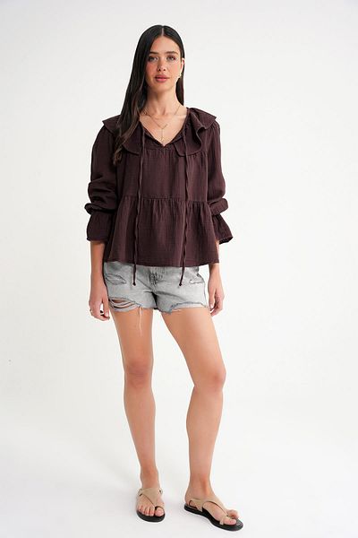 Mixray 4714 Women's Flounced Collar Loose Muslin Blouse Brown