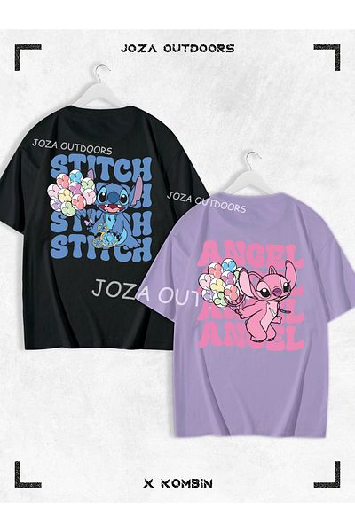 Jobia Outdoors Lilo Angel Stitch Written Back BACK Σετ μπλουζάκι με στάμπα για ζευγάρια συνδυασμένο υπερμεγέθη πολύχρωμο μπλουζάκι 2 τεμαχίων