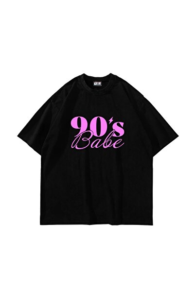 Bak Moda Tricou negru oversize unisex cu imprimeu Bbe anilor 90