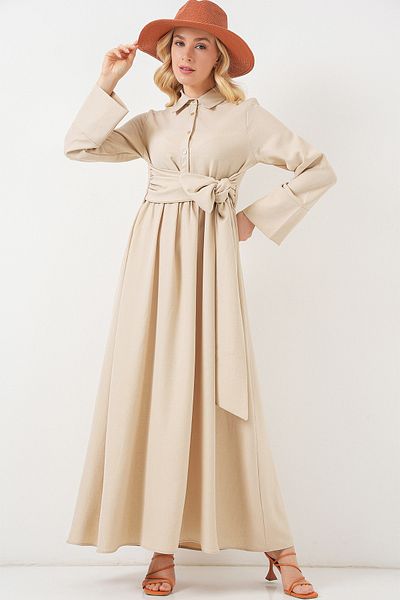 Bigdart Women's Tie-Front Linen Dress 2574 - Beige