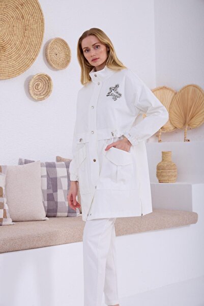 Moodbasic Taş İşlemeli Trench Mb25.69 - Ekru