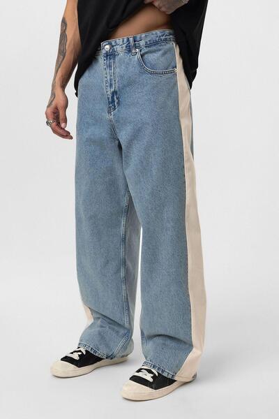 VAMOSCLO Yan Şeritli Baggy Fit Jean Açık Mavi Melanj