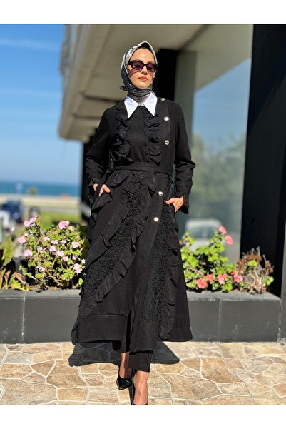 MissWhence Embroidery and Silk Ruffle Detailed Crushed Felt Black Overcoat 36500