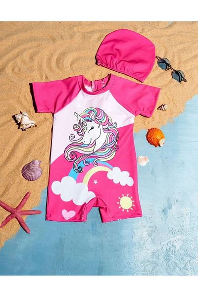 ZUZUNGA Unicorn Rainbow Printed Girl's Zippered Checkered Jumpsuit Swimsuit