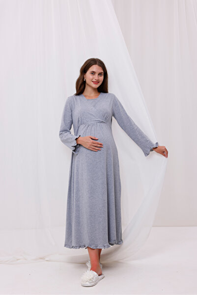 Yulem Homewear Gri Kruvaze Pamuklu Emzirme Özellikli Lohusa Hamile Gecelik