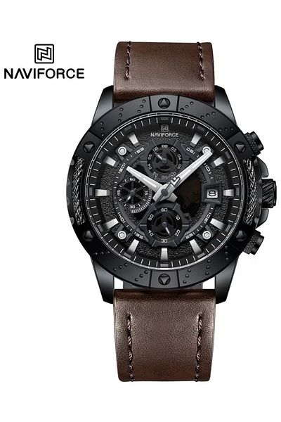Naviforce Stylish Chronograph Watch for Men with Premium Leather Strap Luminous Hands Multi Function Dial