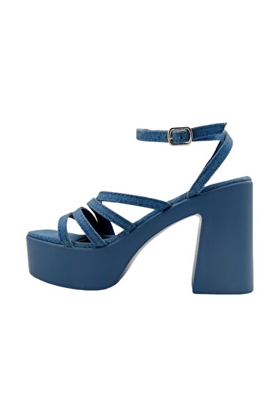 OEM Sandale dama cu platforma si toc gros, model versatil, material textil-denim, 1140, albastru