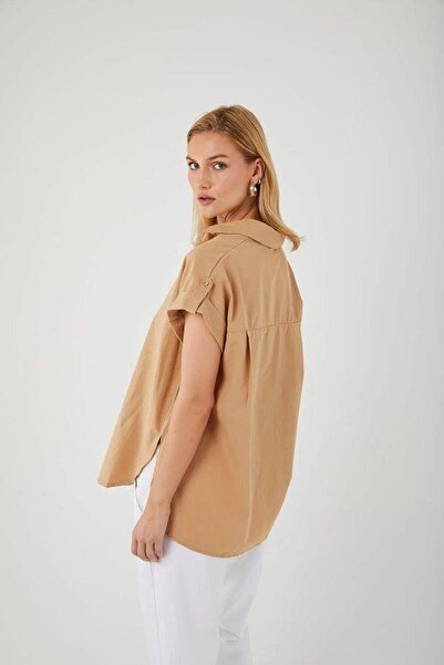 Mixray 3967 Women's Epaulet Short Sleeve Oversize Shirt Mink