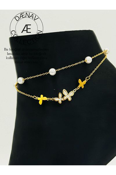 Daynav Gold Color Double Row Anklet with Pearl Detail and Butterfly Figure