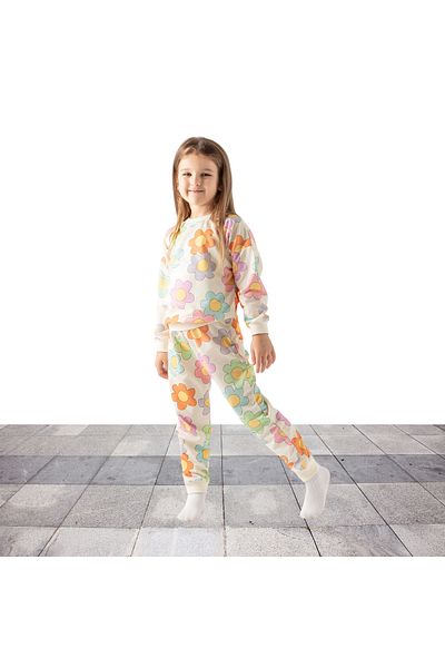 Fox Moda Cream Flower Black Flower Fruit Pattern Printed Seasonal Girl's Suit